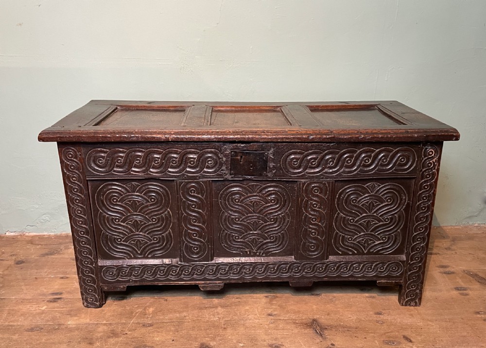17th century oak three panel coffer View II