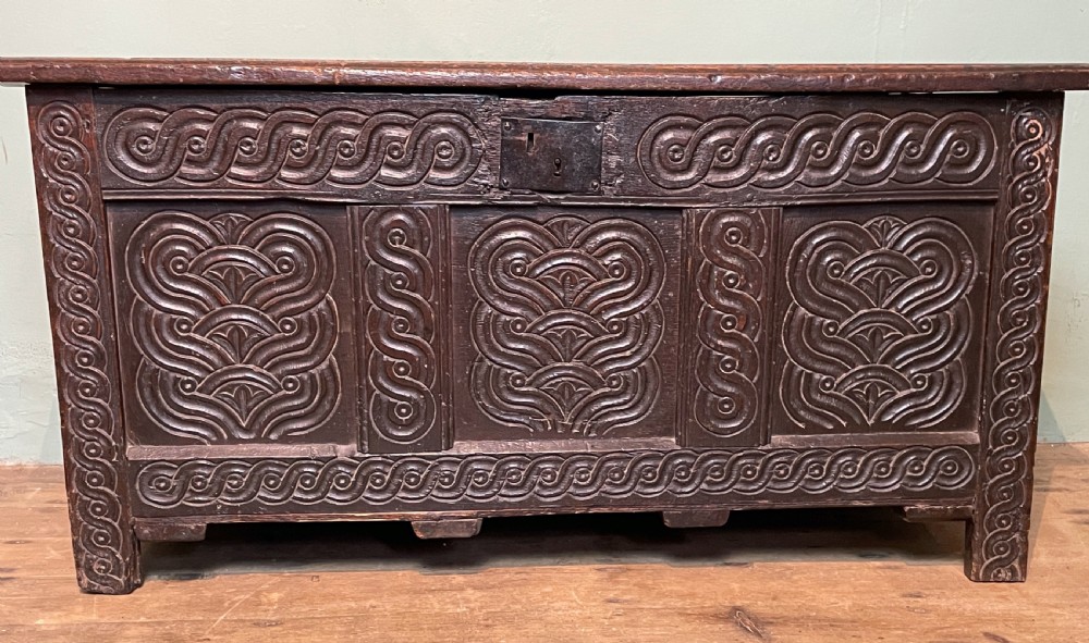 17th century oak three panel coffer View V