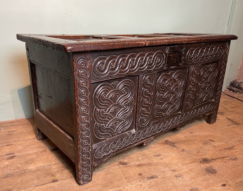 17th century oak three panel coffer View X
