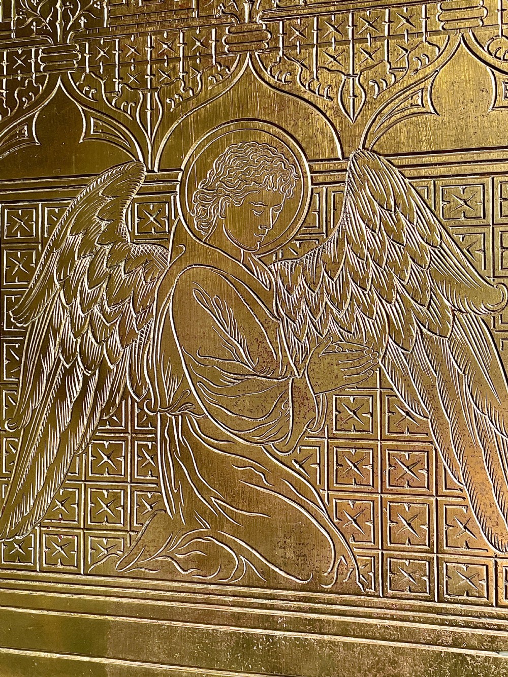 Pair of Victorian Gothic hand engraved bronze architectural plaques with angels