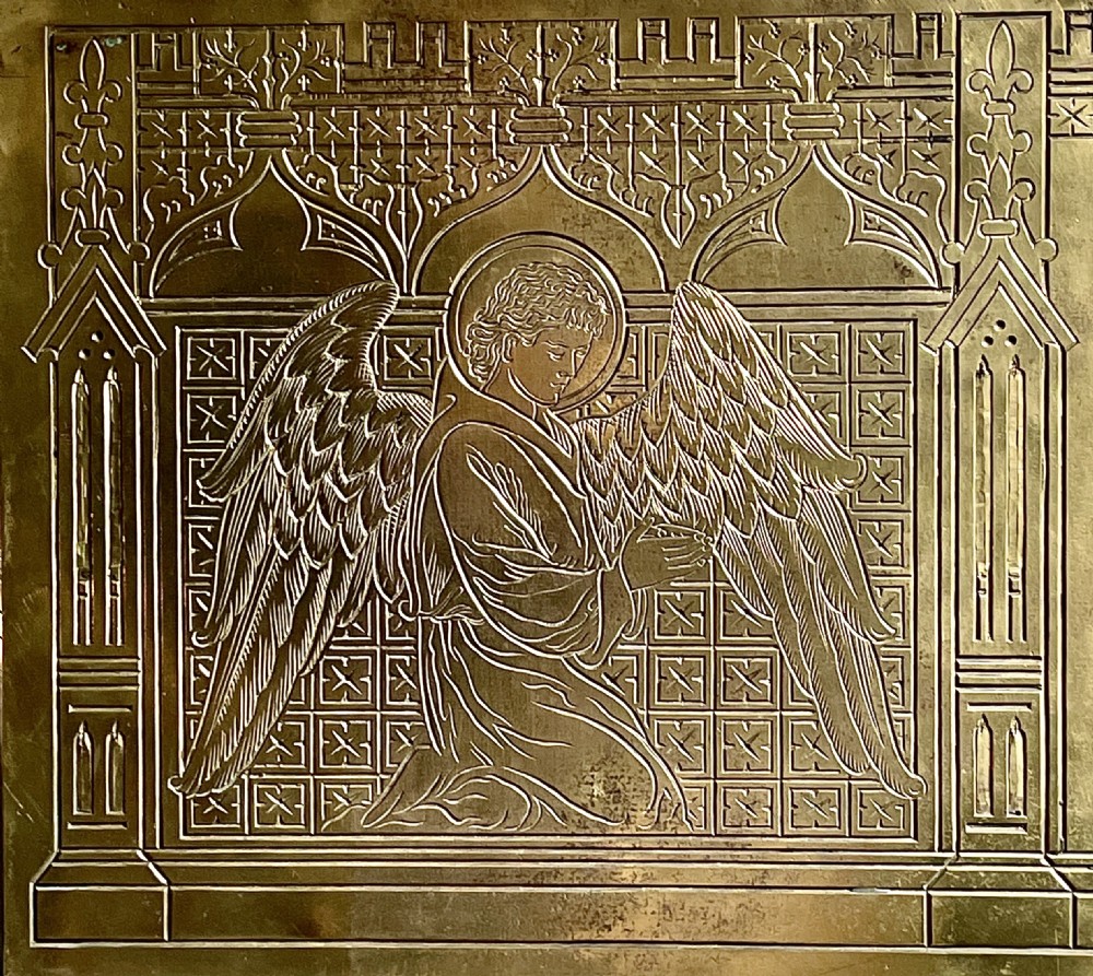 Pair of Victorian Gothic hand engraved bronze architectural plaques with angels View II