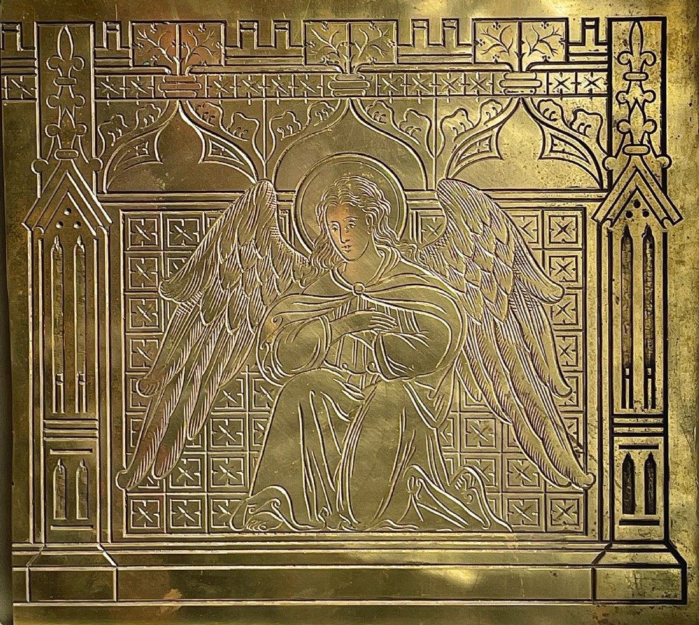 Pair of Victorian Gothic hand engraved bronze architectural plaques with angels View III