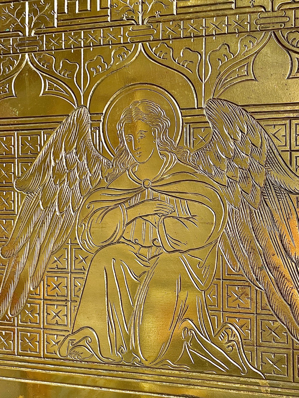 Pair of Victorian Gothic hand engraved bronze architectural plaques with angels View V