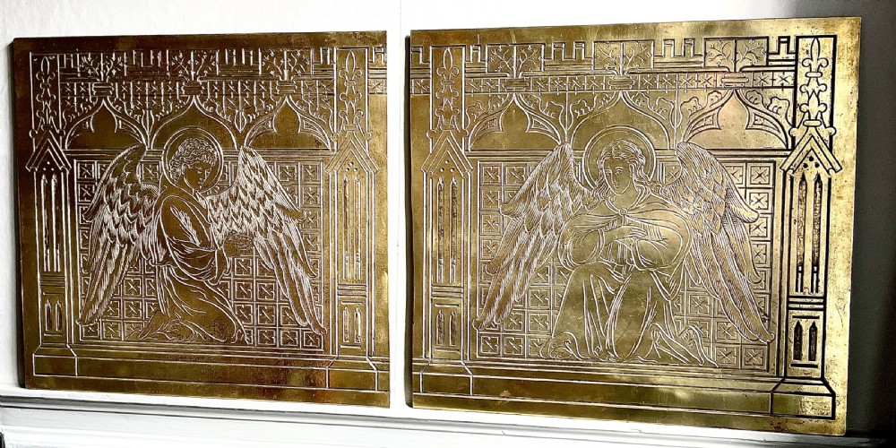 Pair of Victorian Gothic hand engraved bronze architectural plaques with angels View VI