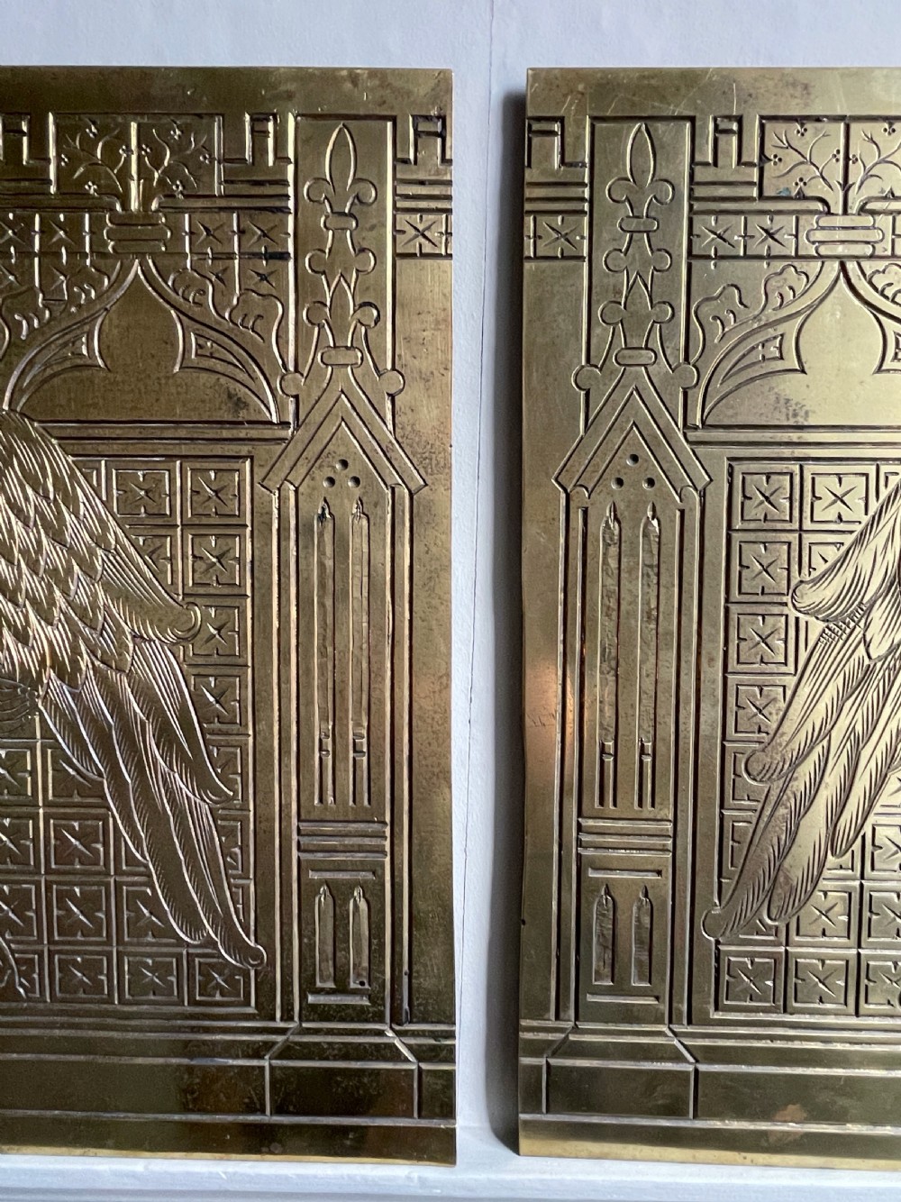 Pair of Victorian Gothic hand engraved bronze architectural plaques with angels View VII