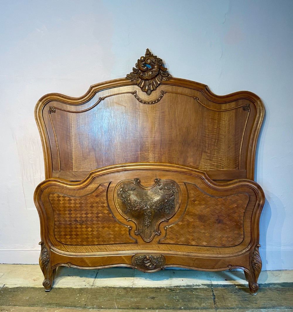 19th Century French walnut marquetry Louis XV Rococo Revival Double Bed View II