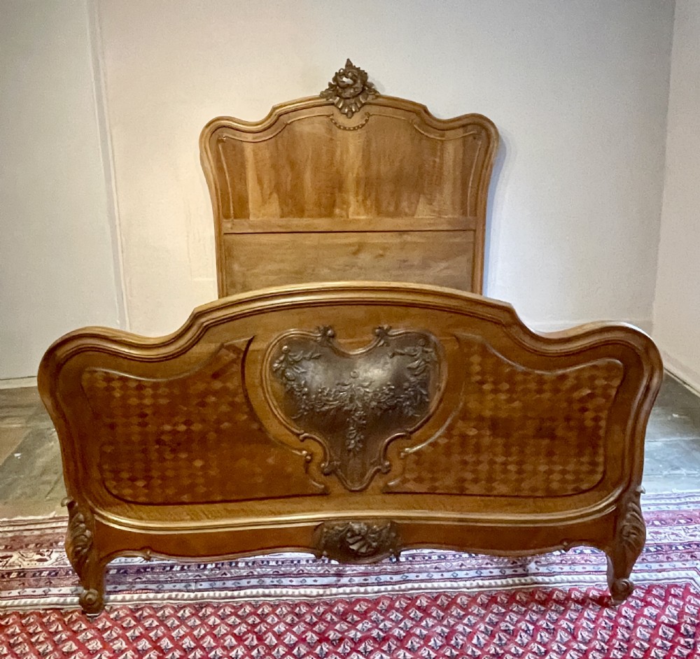 19th Century French walnut marquetry Louis XV Rococo Revival Double Bed View III