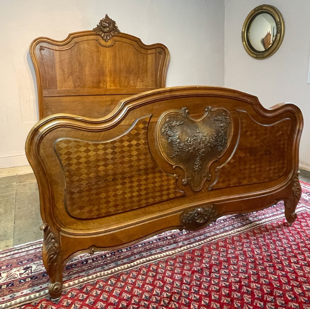 19th Century French walnut marquetry Louis XV Rococo Revival Double Bed View IV