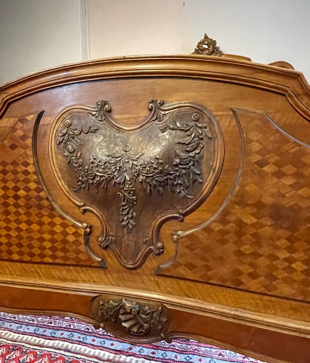 19th Century French walnut marquetry Louis XV Rococo Revival Double Bed View V