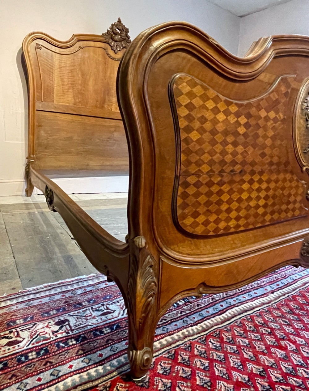 19th Century French walnut marquetry Louis XV Rococo Revival Double Bed View VII