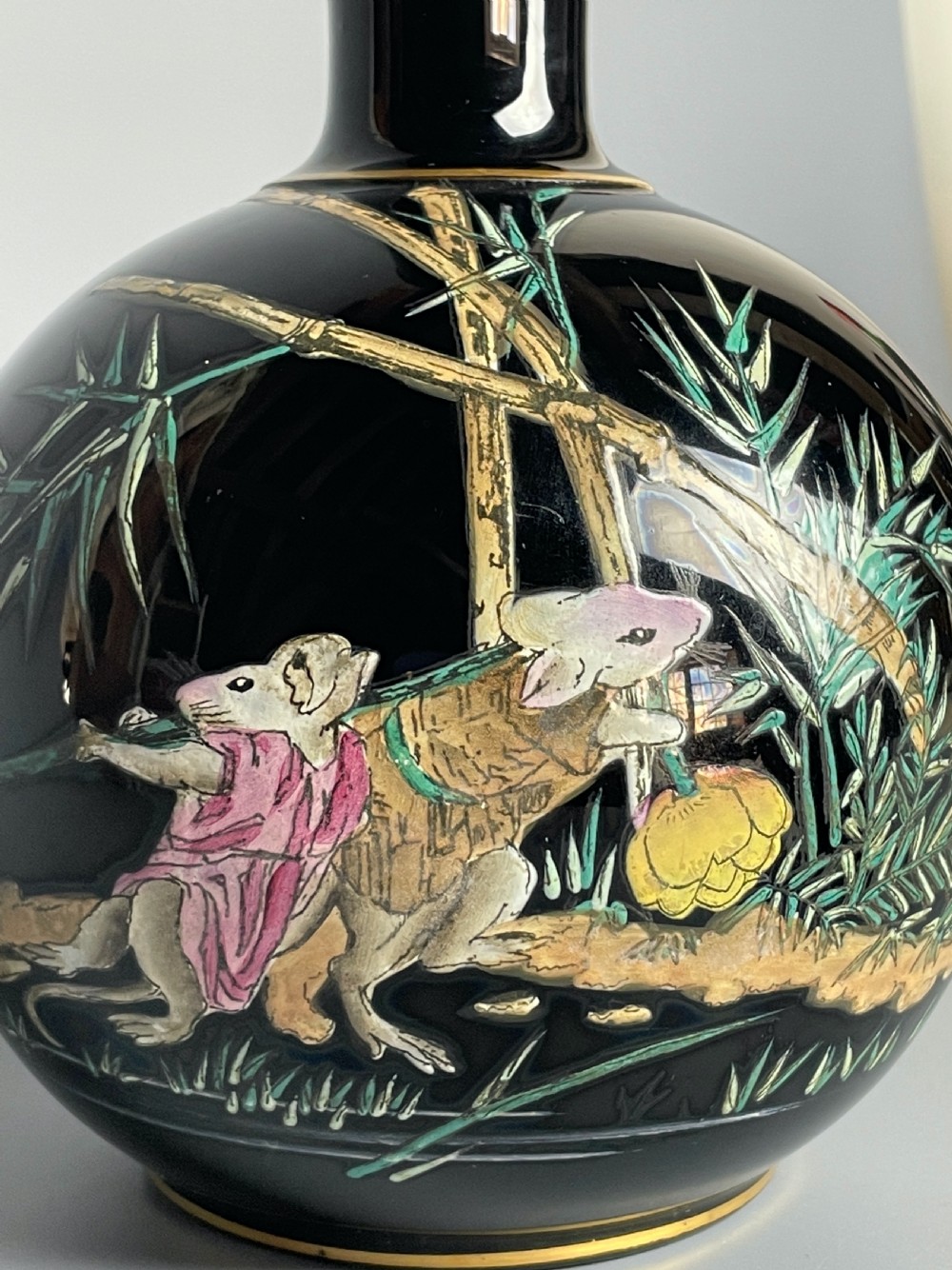Victorian Jackfield Dudson Pottery bottle vase painted with mice in the Aesthetic taste View II