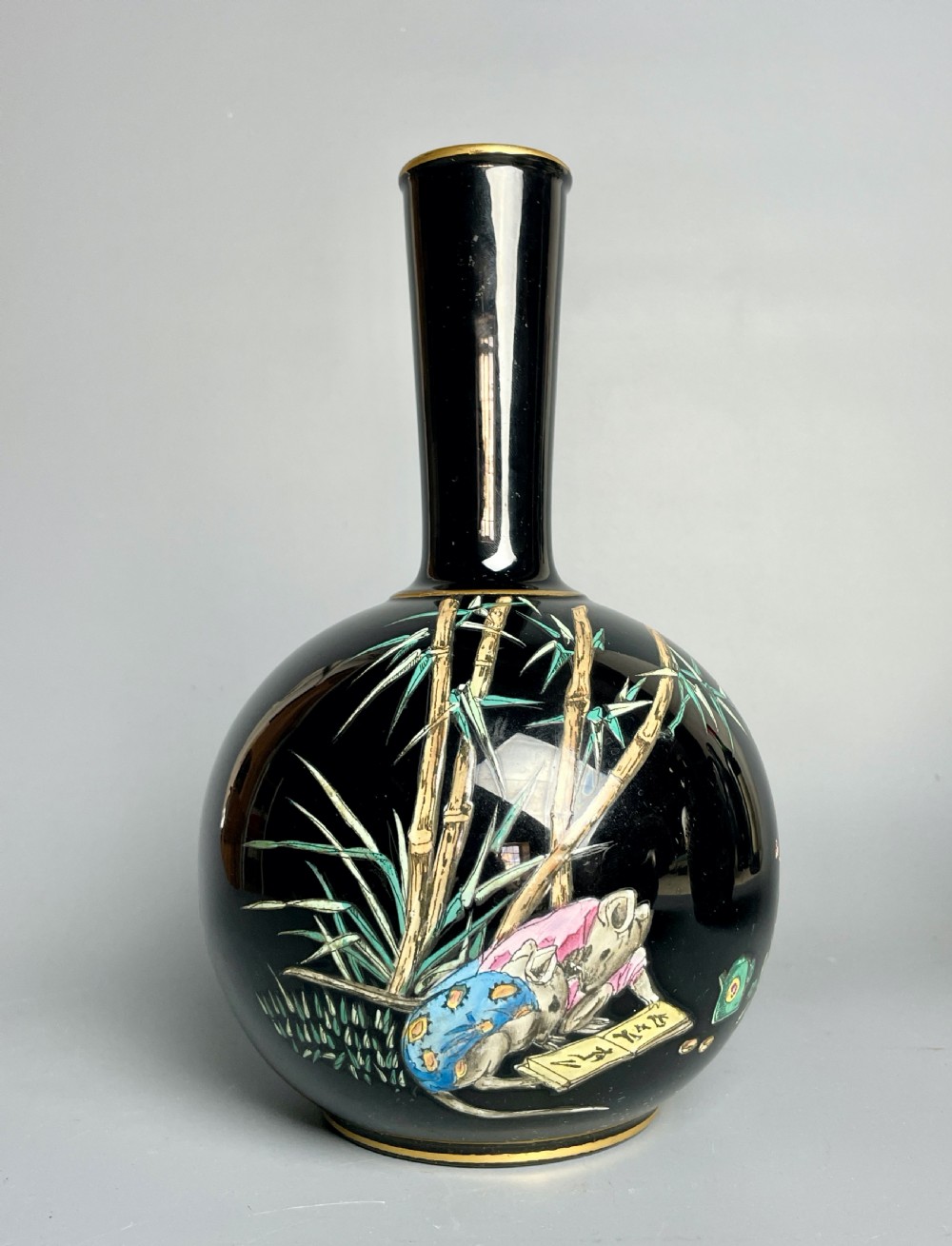 Victorian Jackfield Dudson Pottery bottle vase painted with mice in the Aesthetic taste View V