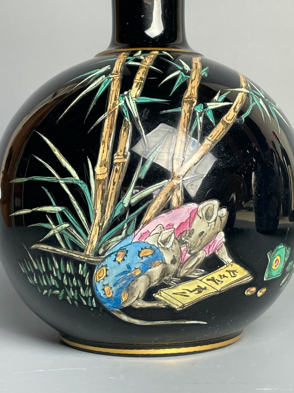 Victorian Jackfield Dudson Pottery bottle vase painted with mice in the Aesthetic taste View VI