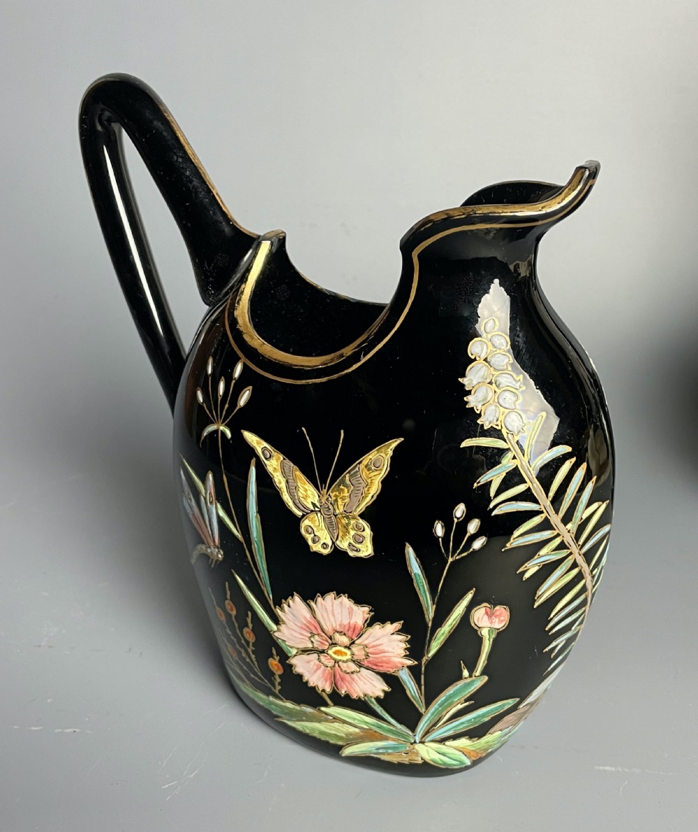 Victorian Dudson Pottery Jackfield jug painted with butterflies View III