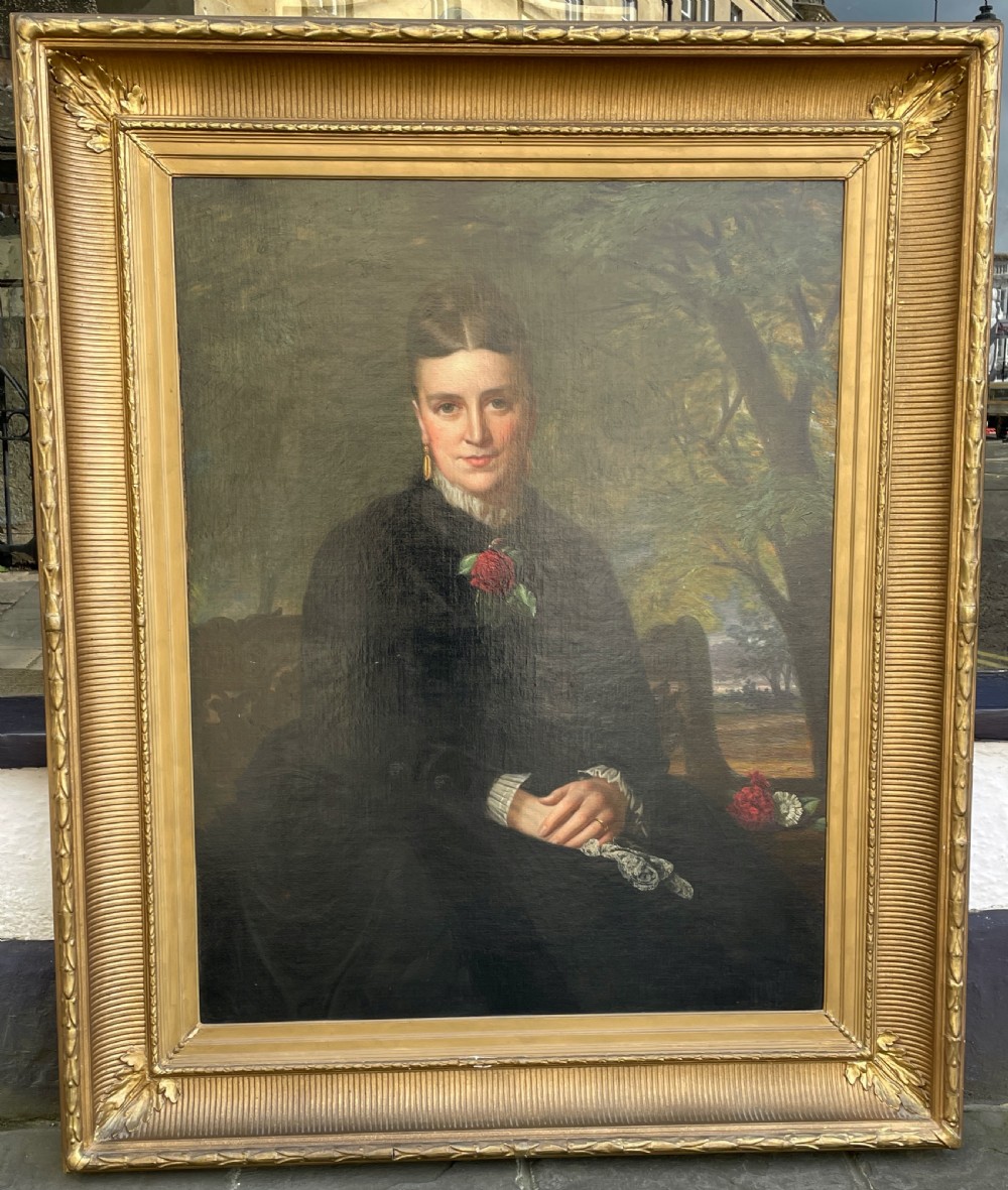Large 19th Century oil portrait of a lady in a black dress, Middleton family of Bristol