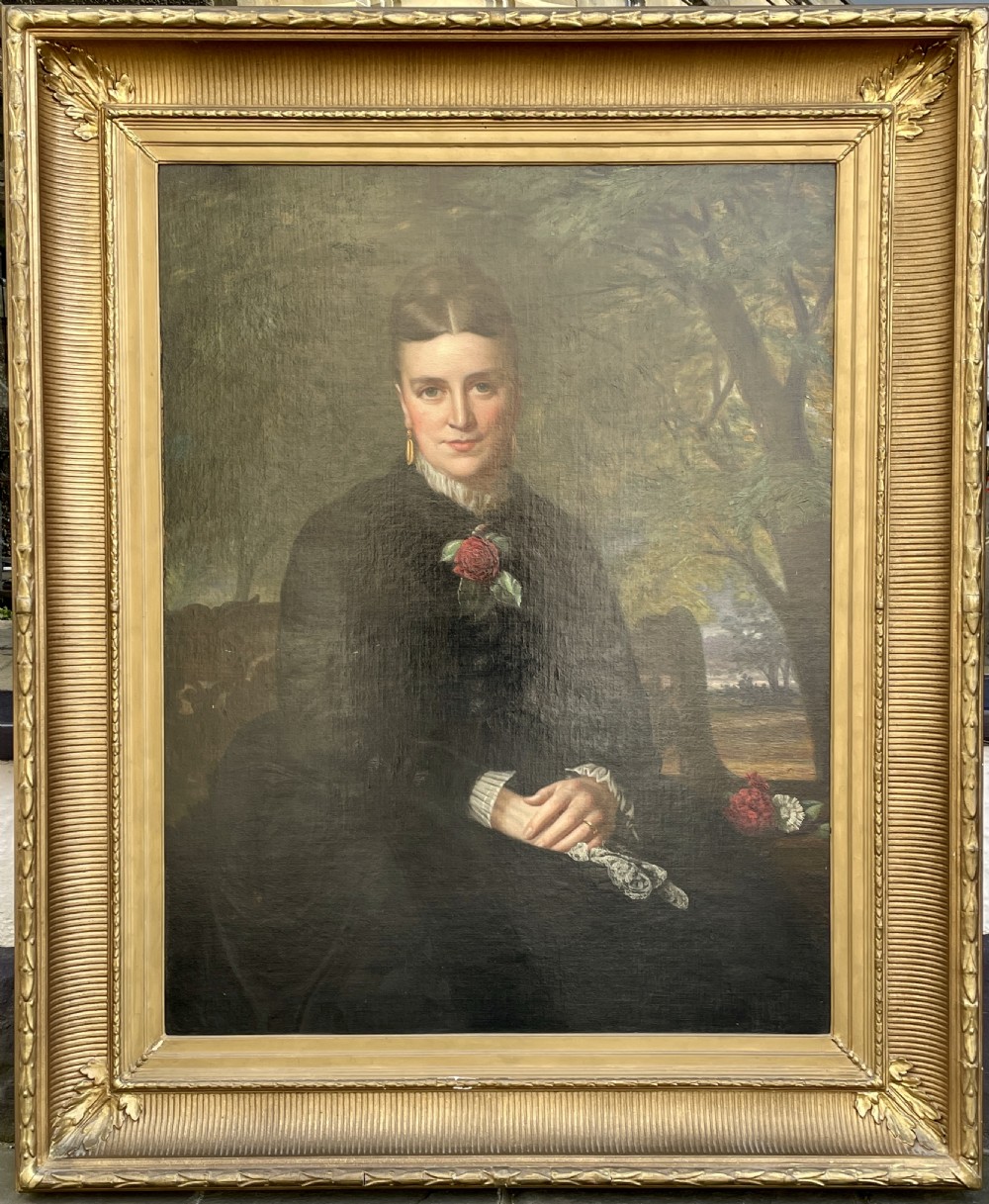 Large 19th Century oil portrait of a lady in a black dress, Middleton family of Bristol View II