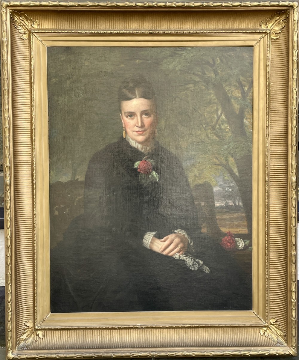 Large 19th Century oil portrait of a lady in a black dress, Middleton family of Bristol View III