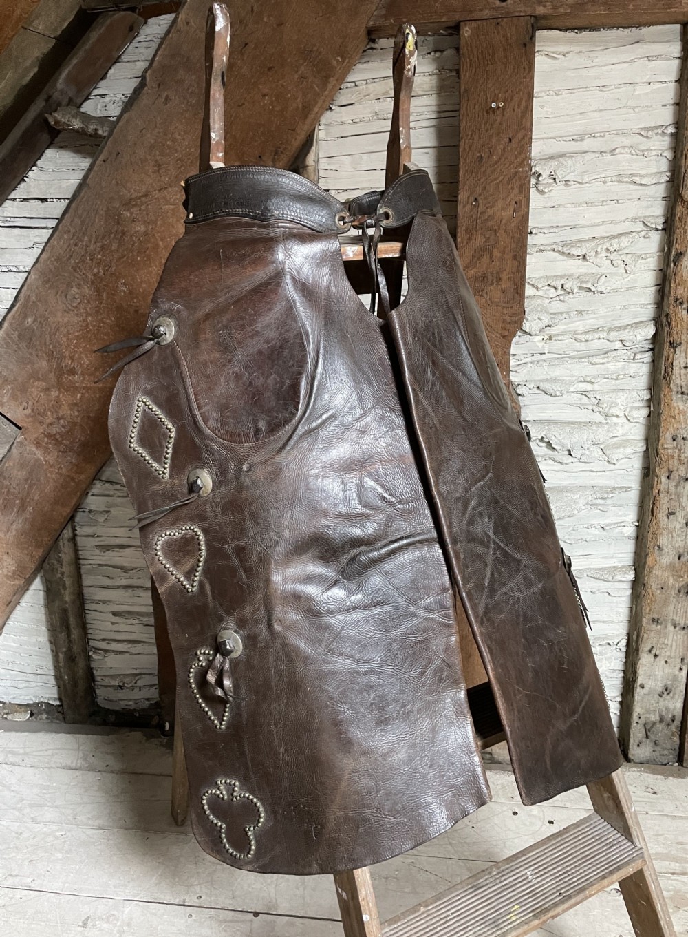 Pair of leather cowboy chaps from a Montana Ranch