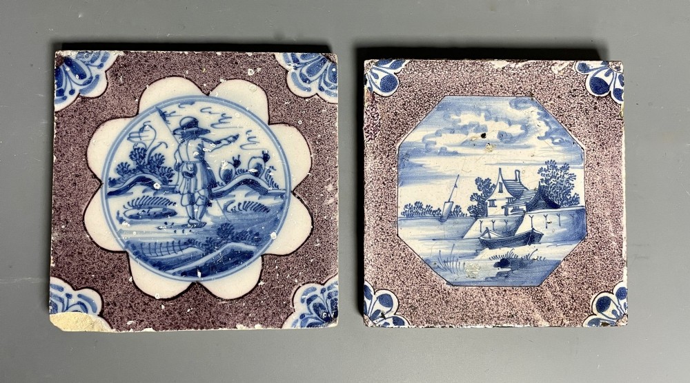 Two Delft Blue & White Powder Manganese Ground Tiles circa 1740