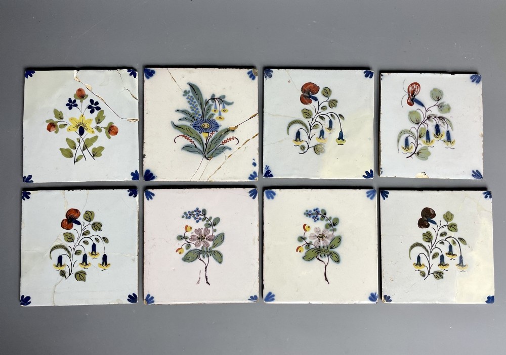 Eight 18th Century Delft Polychrome Tiles