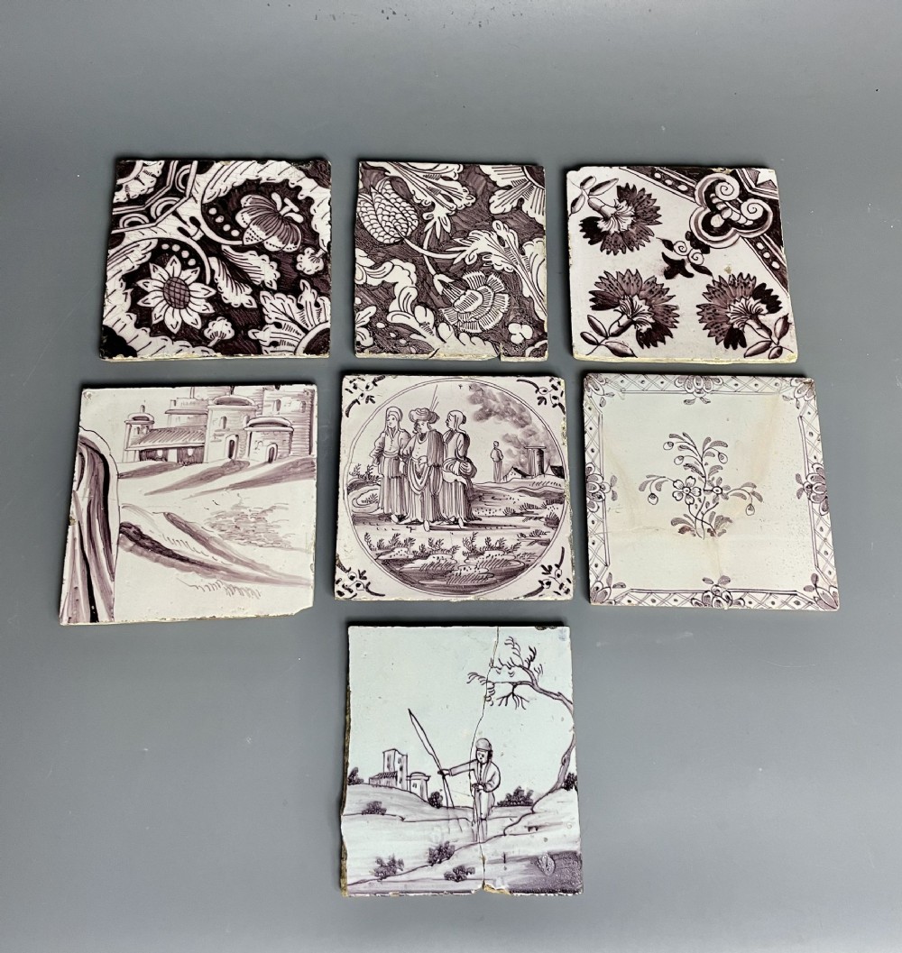 Seven Various 18th Century Delft Manganese Tiles