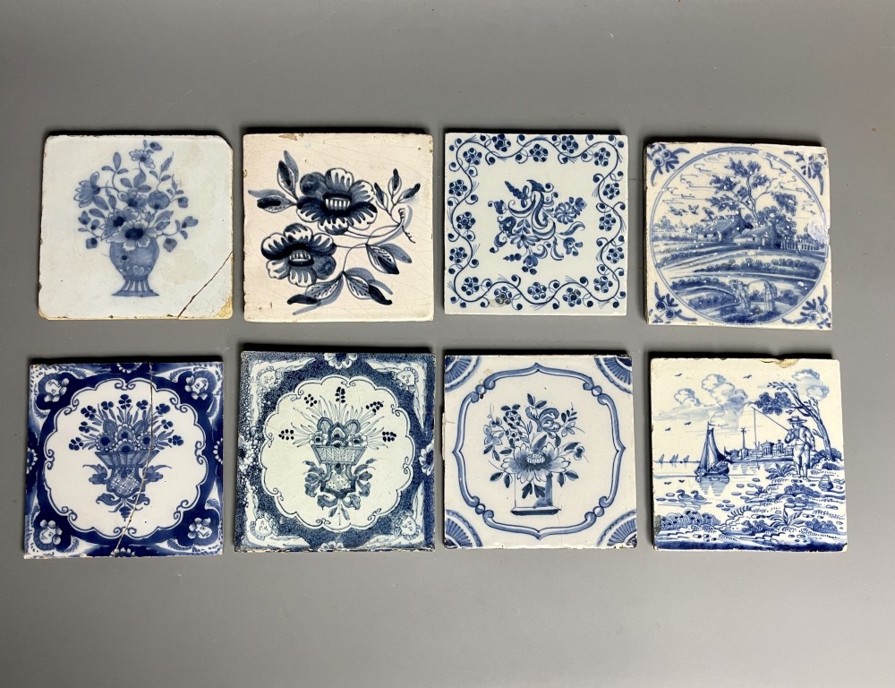 Eight 18th Century Delft Blue & White Tiles