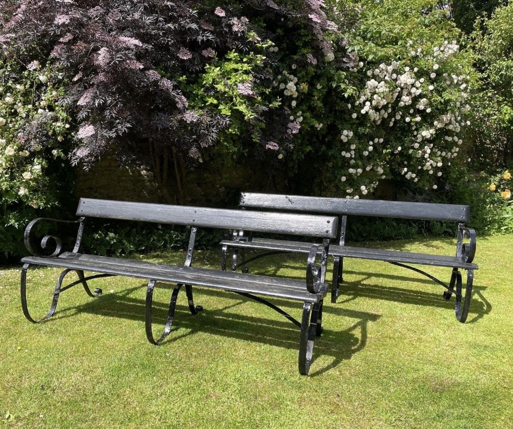 Pair of Edwardian Wrought Iron Garden Benches by F Bird & Co