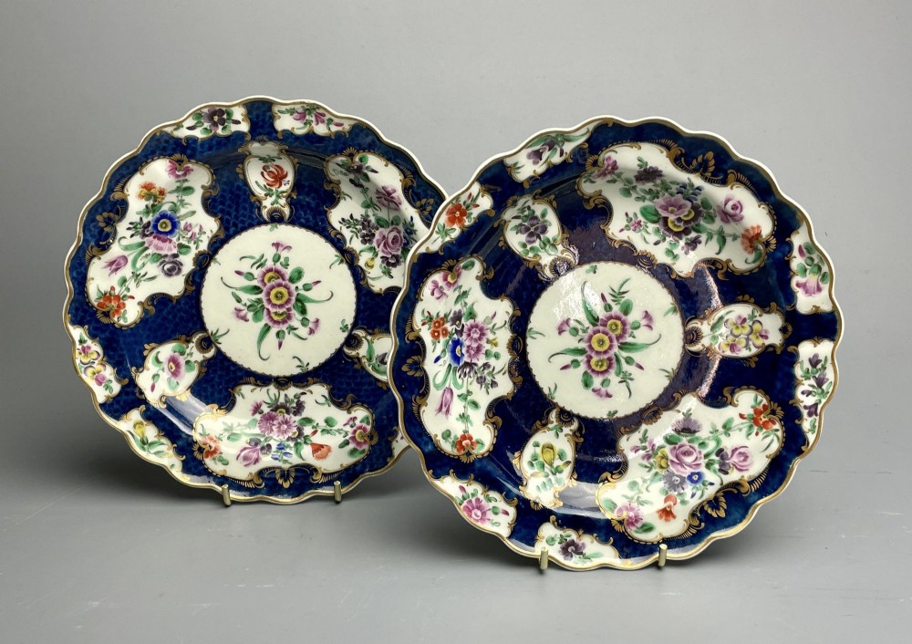 Pair of First Period Worcester Blue Scale Shallow Dishes
