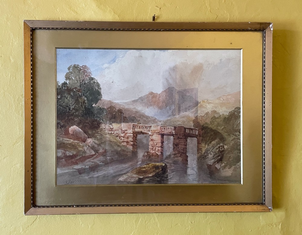 Herbert Kerr Rooke, watercolour of a bridge in a mountaious river landscape View III