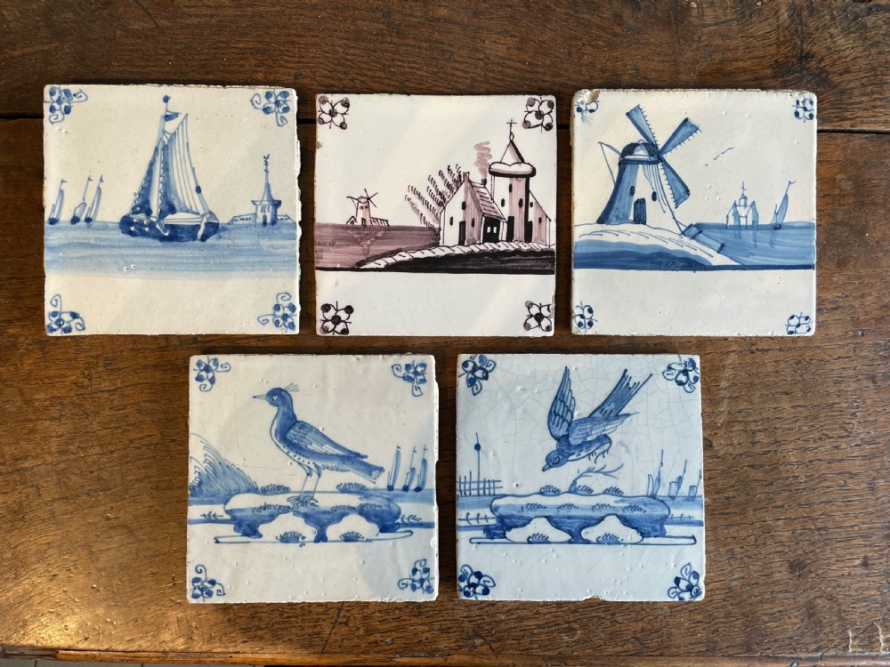 Five 19th Century Delft tiles