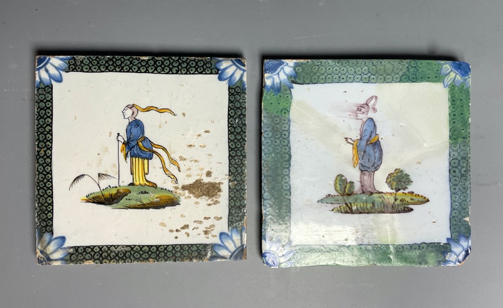 Two Bristol Delft polychrome chinoiserie tiles with fish roe borders View IV