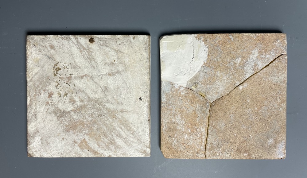 Two Bristol Delft polychrome chinoiserie tiles with fish roe borders View V