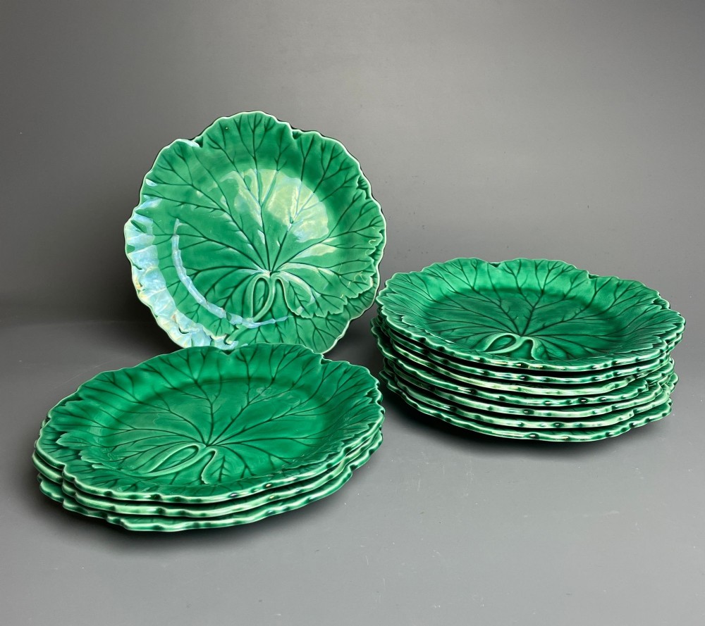 Eleven Wedgwood Green Majolica Cabbageware Plates