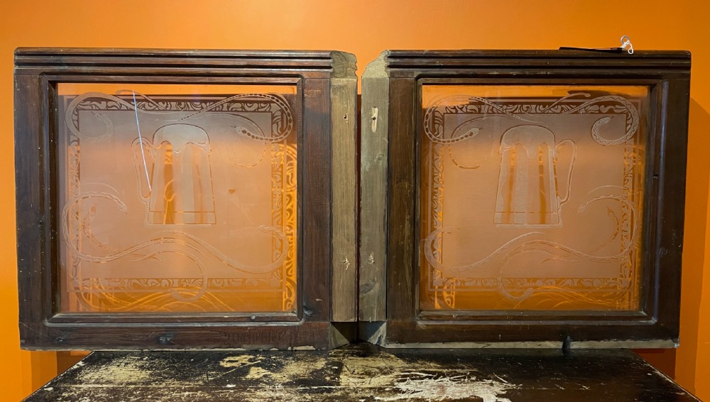 Pair of Victorian acid etched pub windows decorated with snakes View VIII