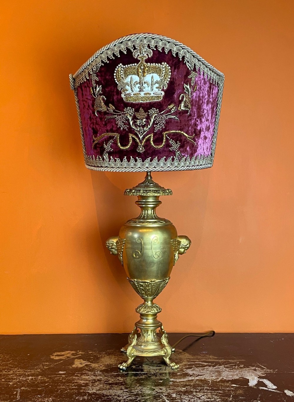 Antique French Gilt Metal Lamp with Bullion Shade