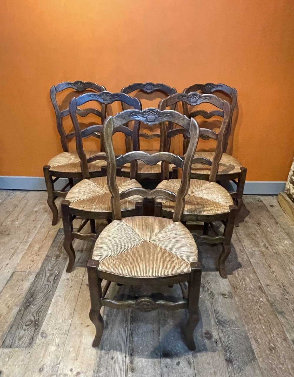 Set of Six French Oak Rush Seated Kitchen Chairs