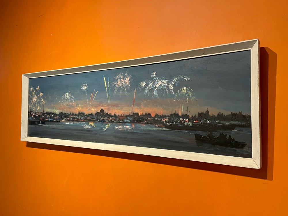Leonard Kingswood Panorama of fireworks over the river Thames, London, oil on board