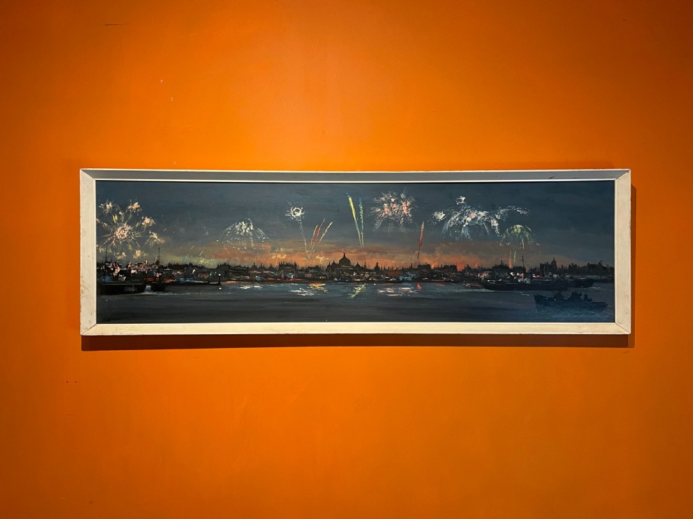 Leonard Kingswood Panorama of fireworks over the river Thames, London, oil on board View II