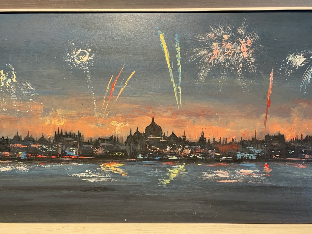 Leonard Kingswood Panorama of fireworks over the river Thames, London, oil on board View III