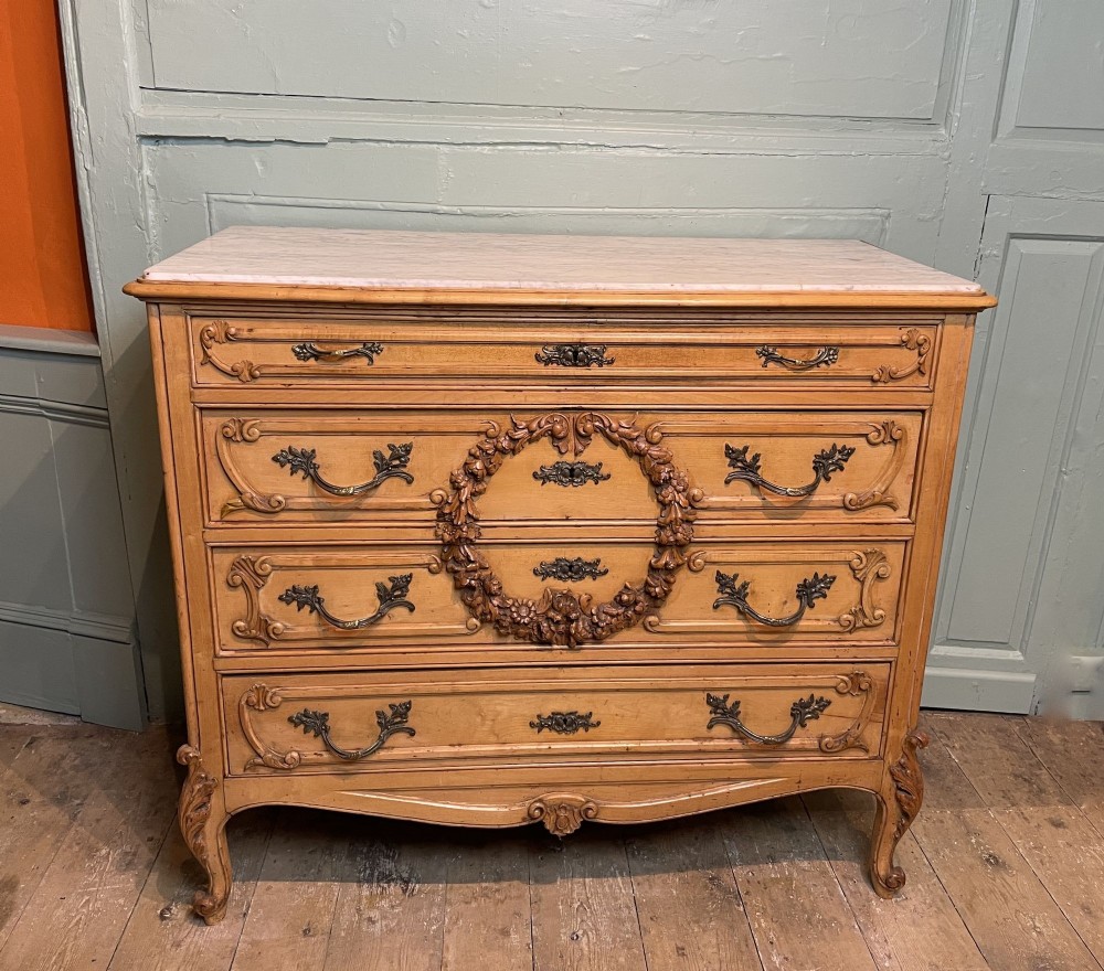 French Marble Top Foliate Carved Beechwood Commode