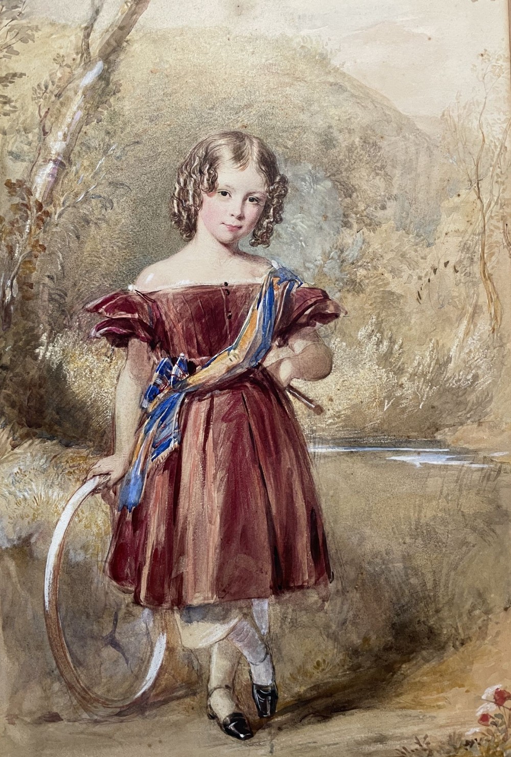 Victorian Watercolour Portrait of a Young Girl with a Hoop