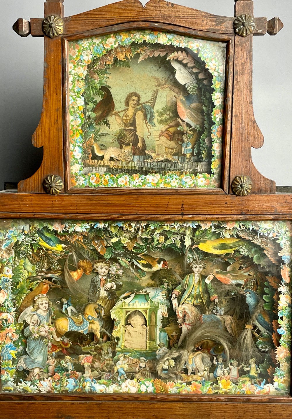 Victorian scrapwork and hair In Memoriam diorama within a glazed oak box frame View III