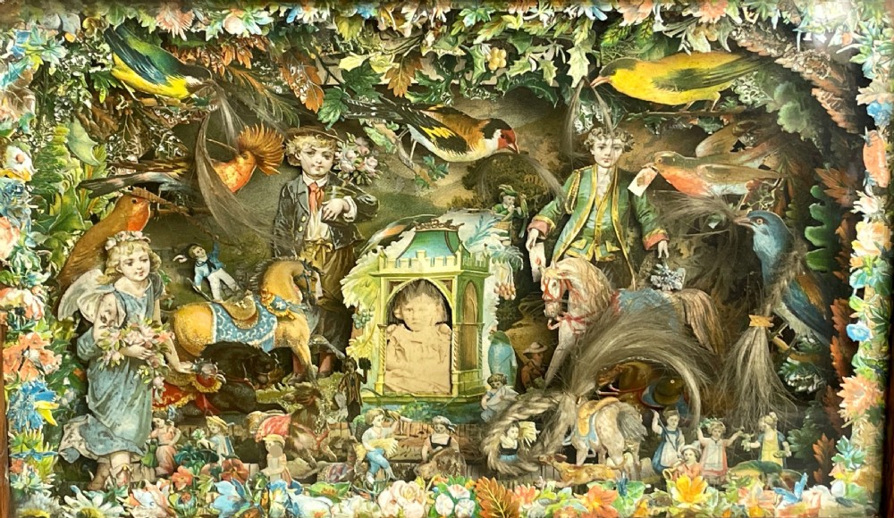 Victorian scrapwork and hair In Memoriam diorama within a glazed oak box frame View IV