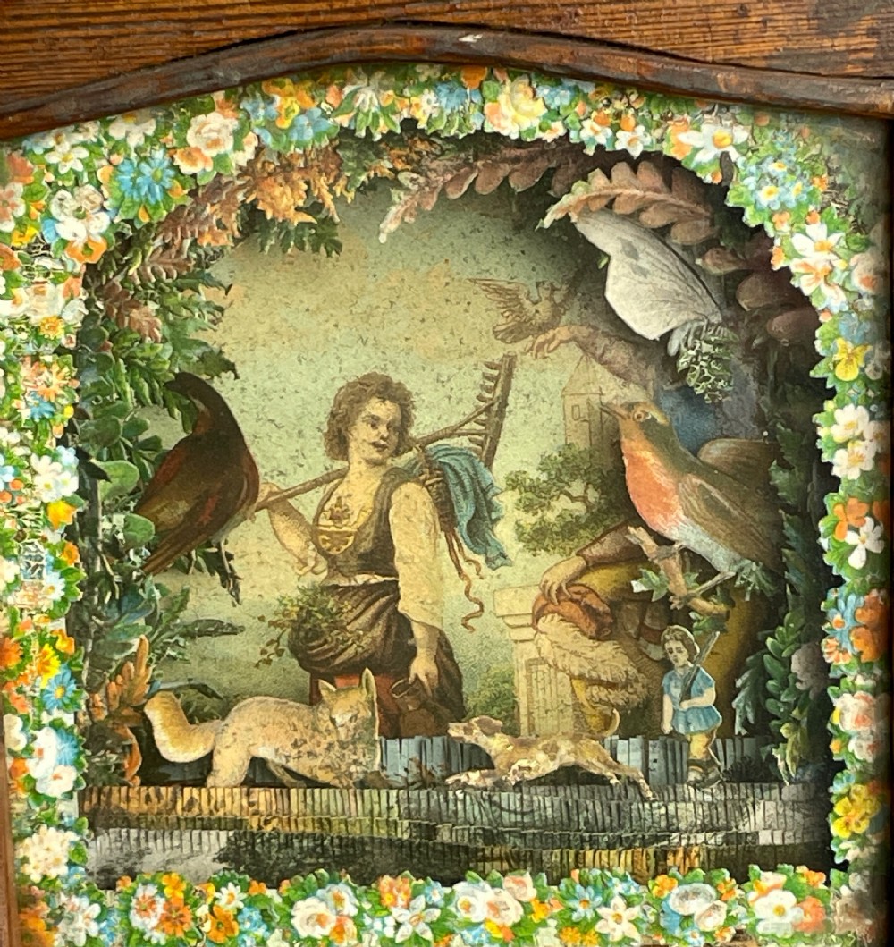 Victorian scrapwork and hair In Memoriam diorama within a glazed oak box frame View V