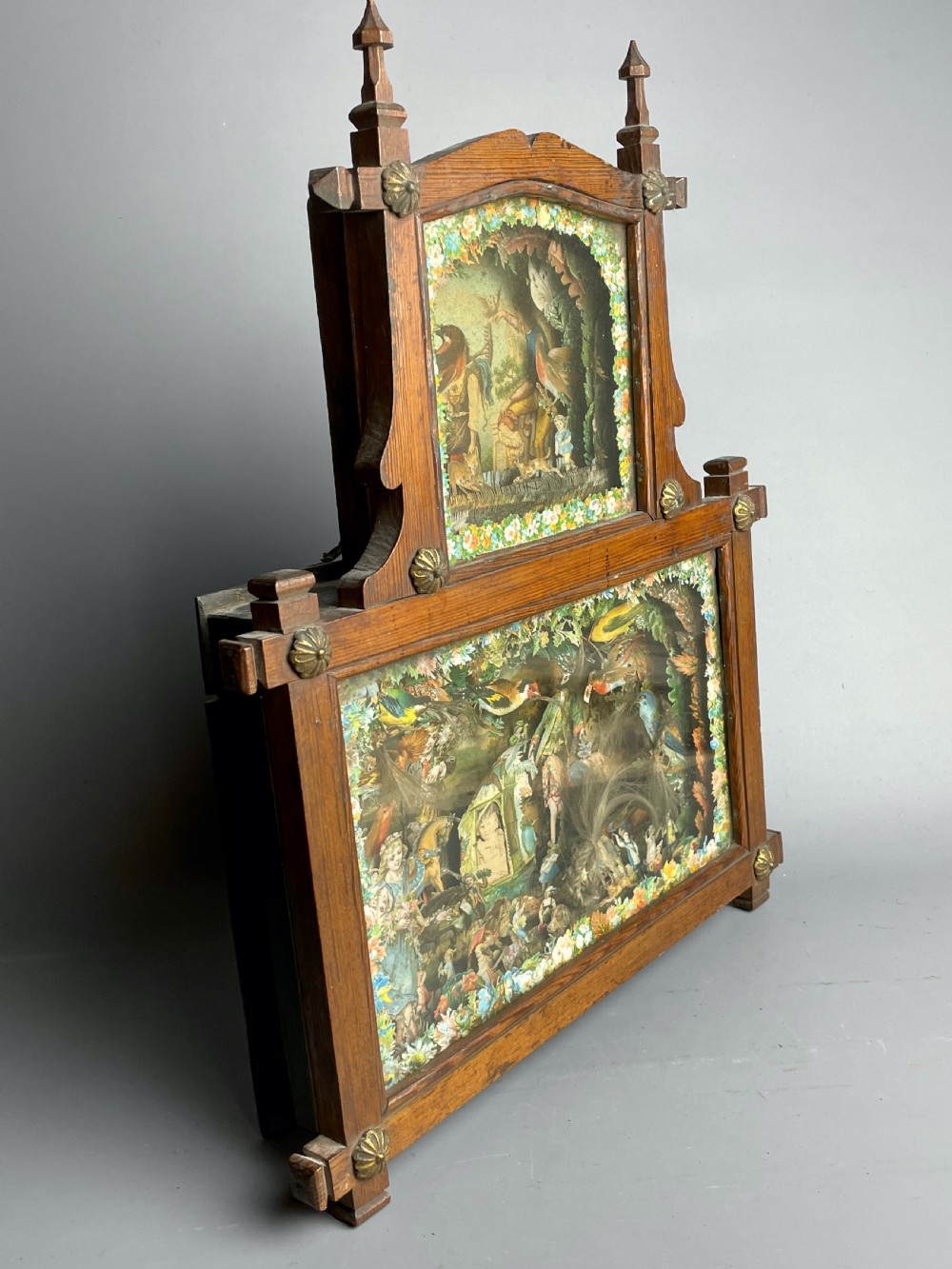 Victorian scrapwork and hair In Memoriam diorama within a glazed oak box frame View VI