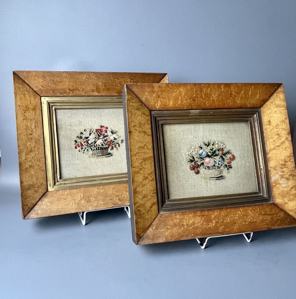 Pair of Victorian Floral Needlework Pictures with Burr Maple Frames