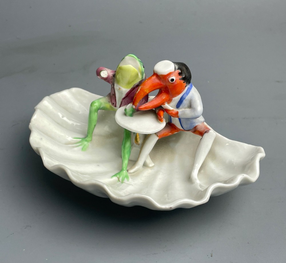 Continental novelty porcelain dish of a frog and a lobster in costume fairing