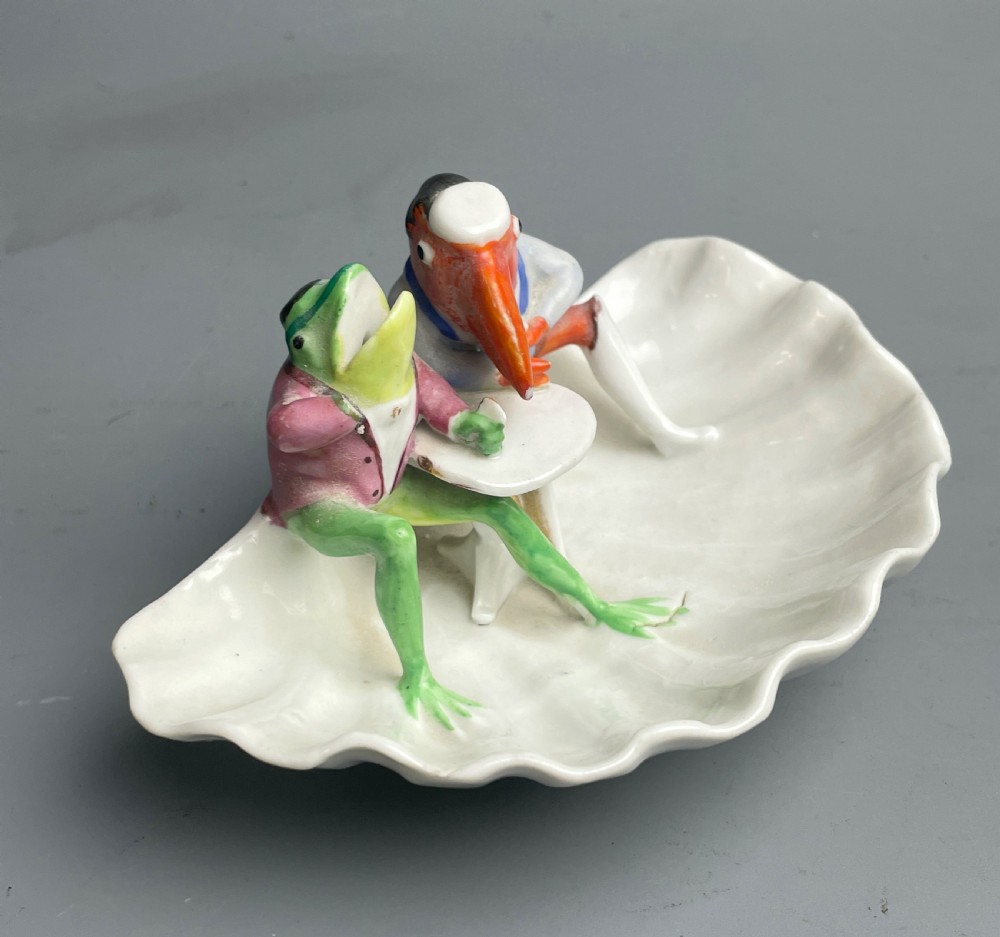 Continental novelty porcelain dish of a frog and a lobster in costume fairing View II