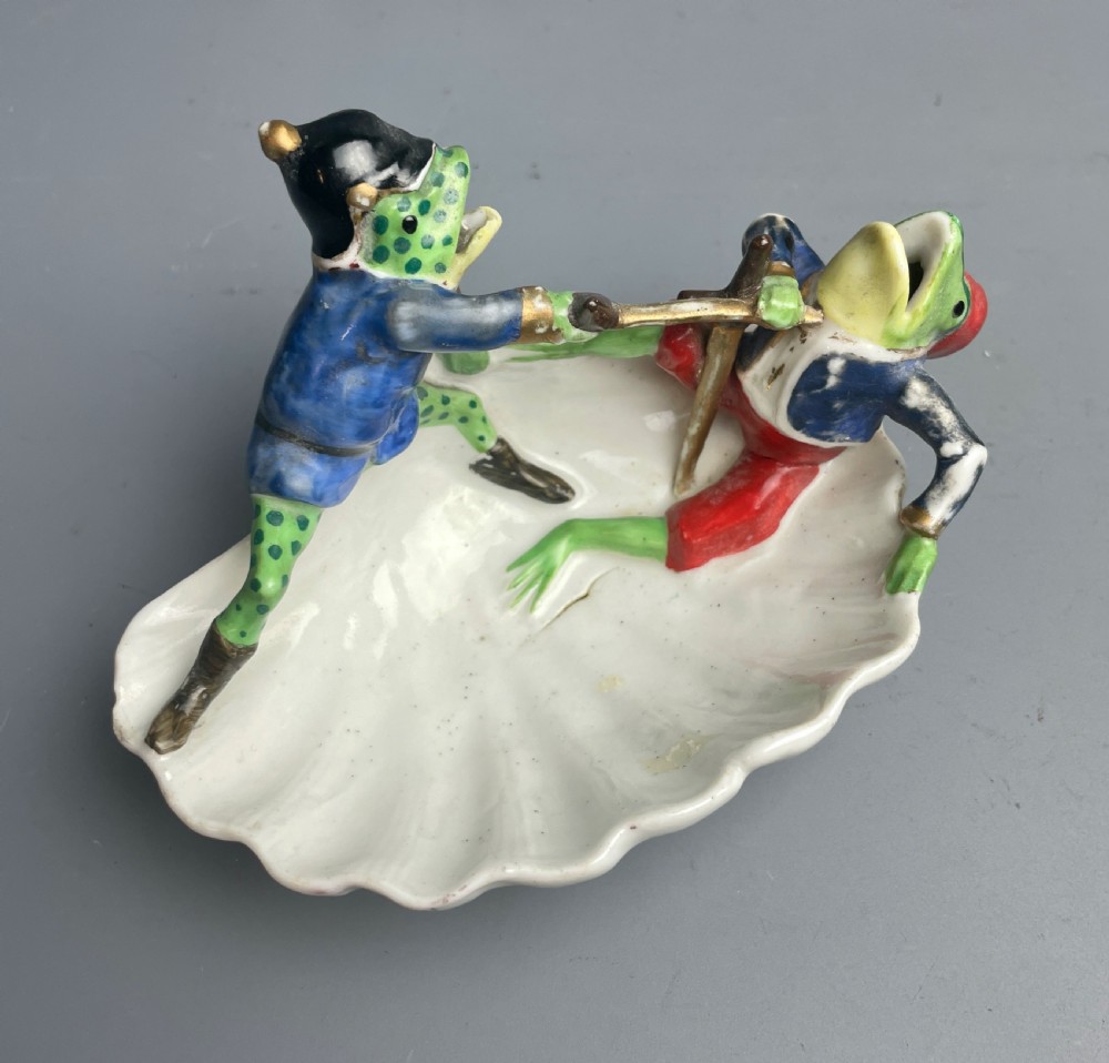 Continental novelty porcelain dish of two frogs sword fighting fairing View II