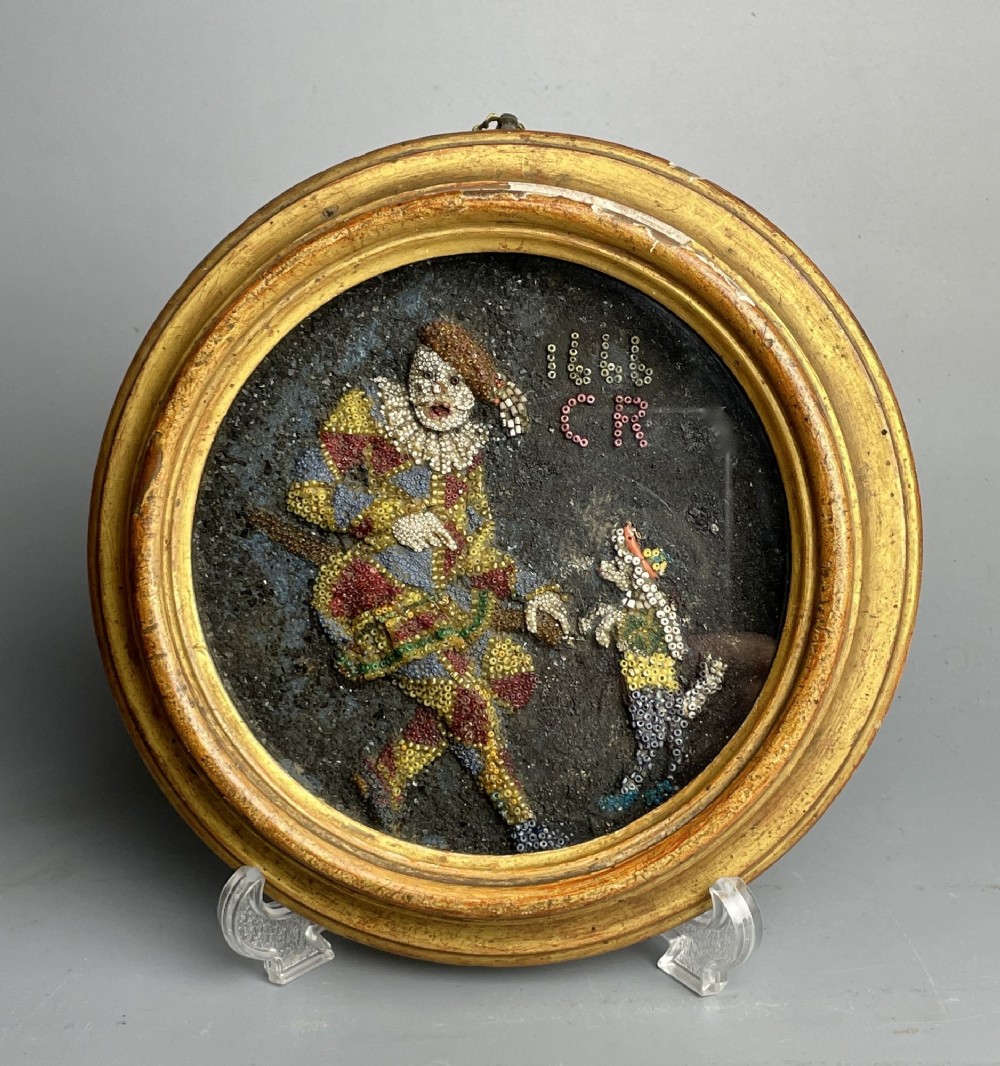 Victorian Beadwork Diorama of a Harlequin & his Dog